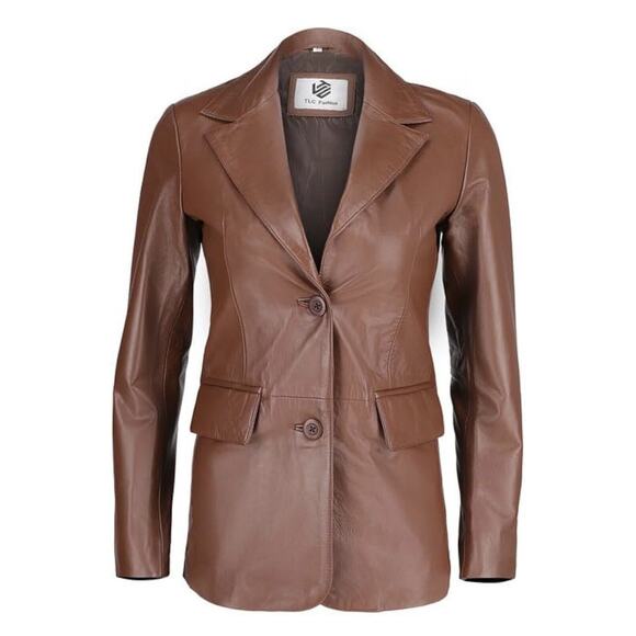 Women’s XL Brown Genuine Soft Leather Casual Blazer 2-Button Real Lambskin - Picture 1 of 3